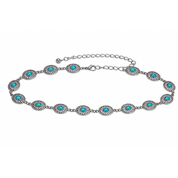 Vintage Womens Concho Chain Belt Silver Turquoise Filigree Western Boho XL